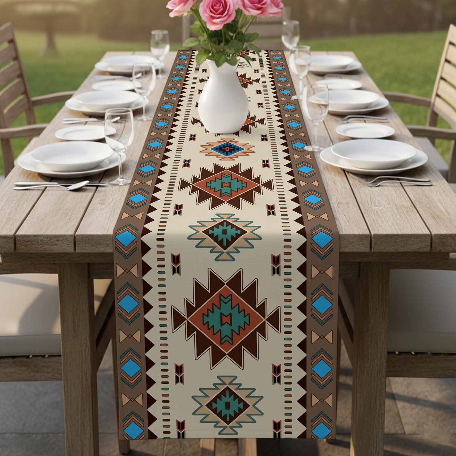 Boho Southwest Table Runner, Farmhouse Aztec Tribe Brown Blue Plaid Washable Cotton Linen Table Runners 90 Inches Long, Dresser Scarf Runner for Dining/Coffee/Kitchen/Hallway Tables 13''x90''