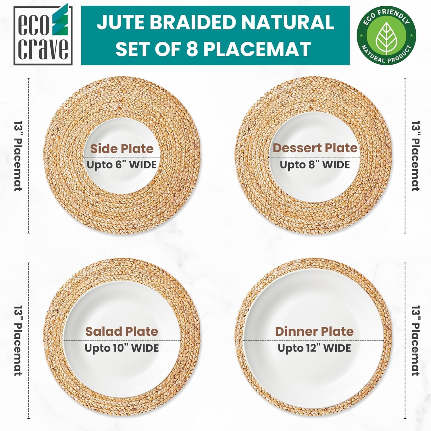 Woven Round Jute Placemats Set of 8 – Boho Farmhouse 100% Natural Non-Slip Handwoven Place Mats for Dining Table, Kitchen, Décor, and Events