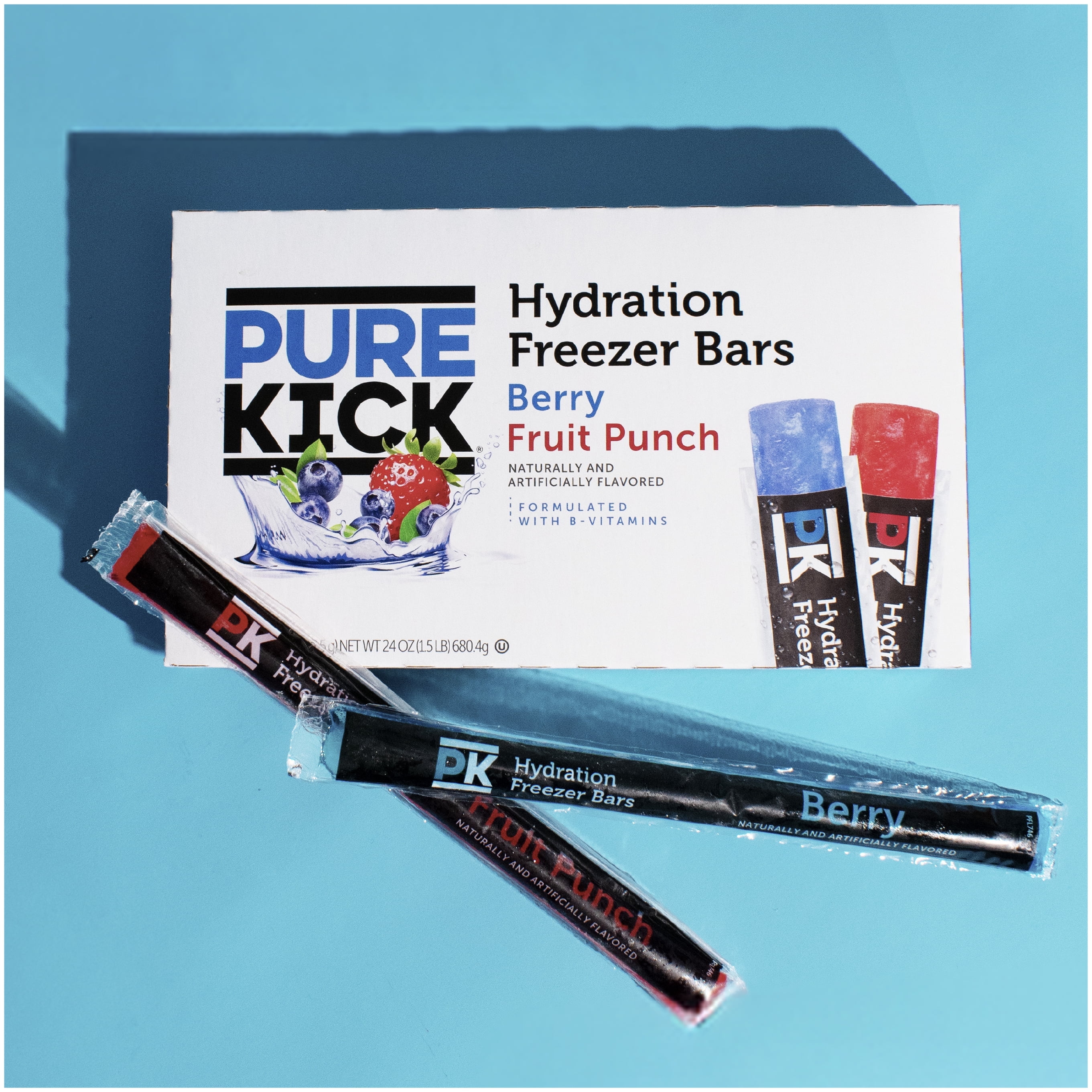 Pure Kick Hydration Ice Pops Variety Pack with B Vitamins, Berry & Fruit Punch Flavors, Gluten-Free, 1.5oz, 20 Count