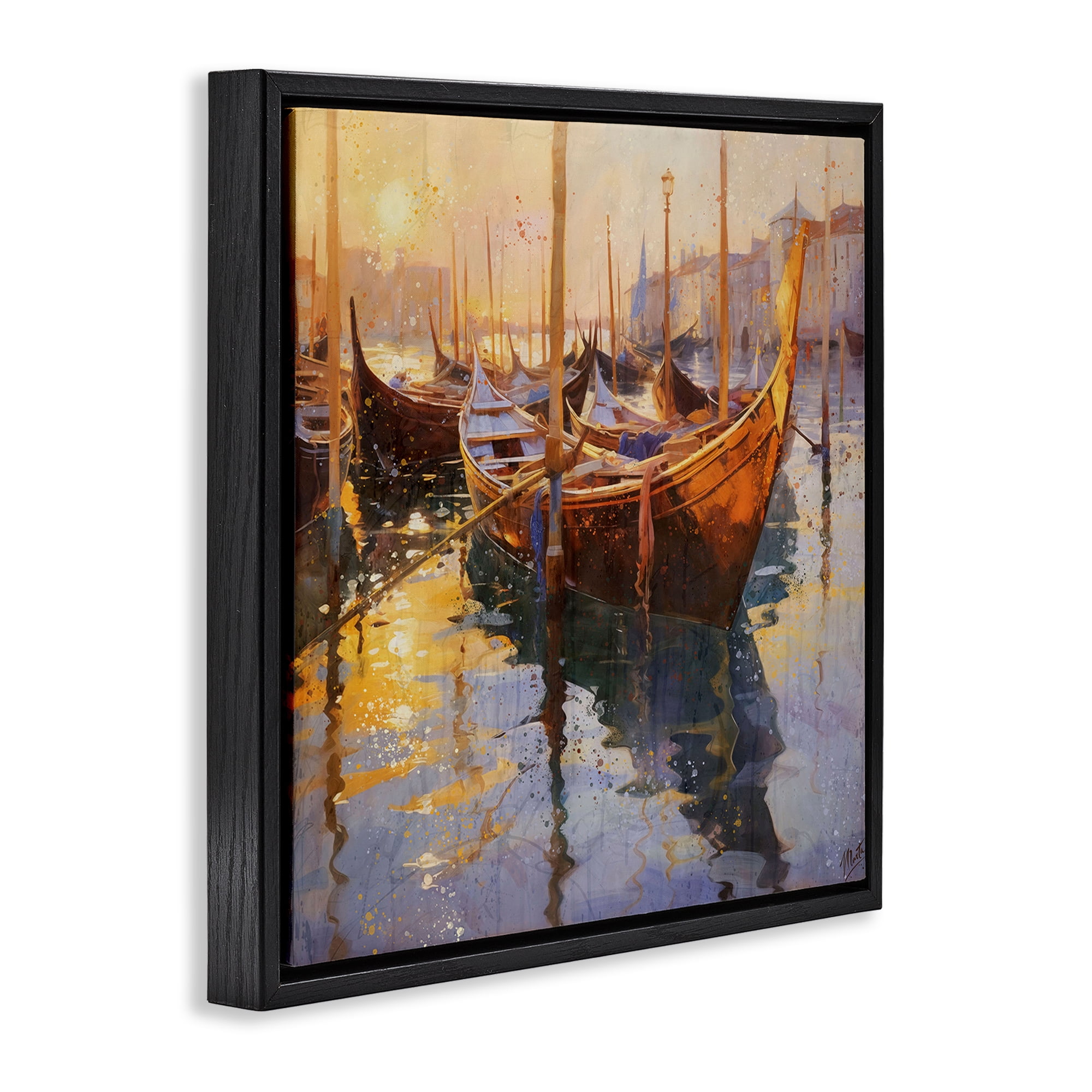 Stupell Industries Venetian Gondolas in Golden Light Black Framed Floater Canvas Wall Art, design by Marta Wiley