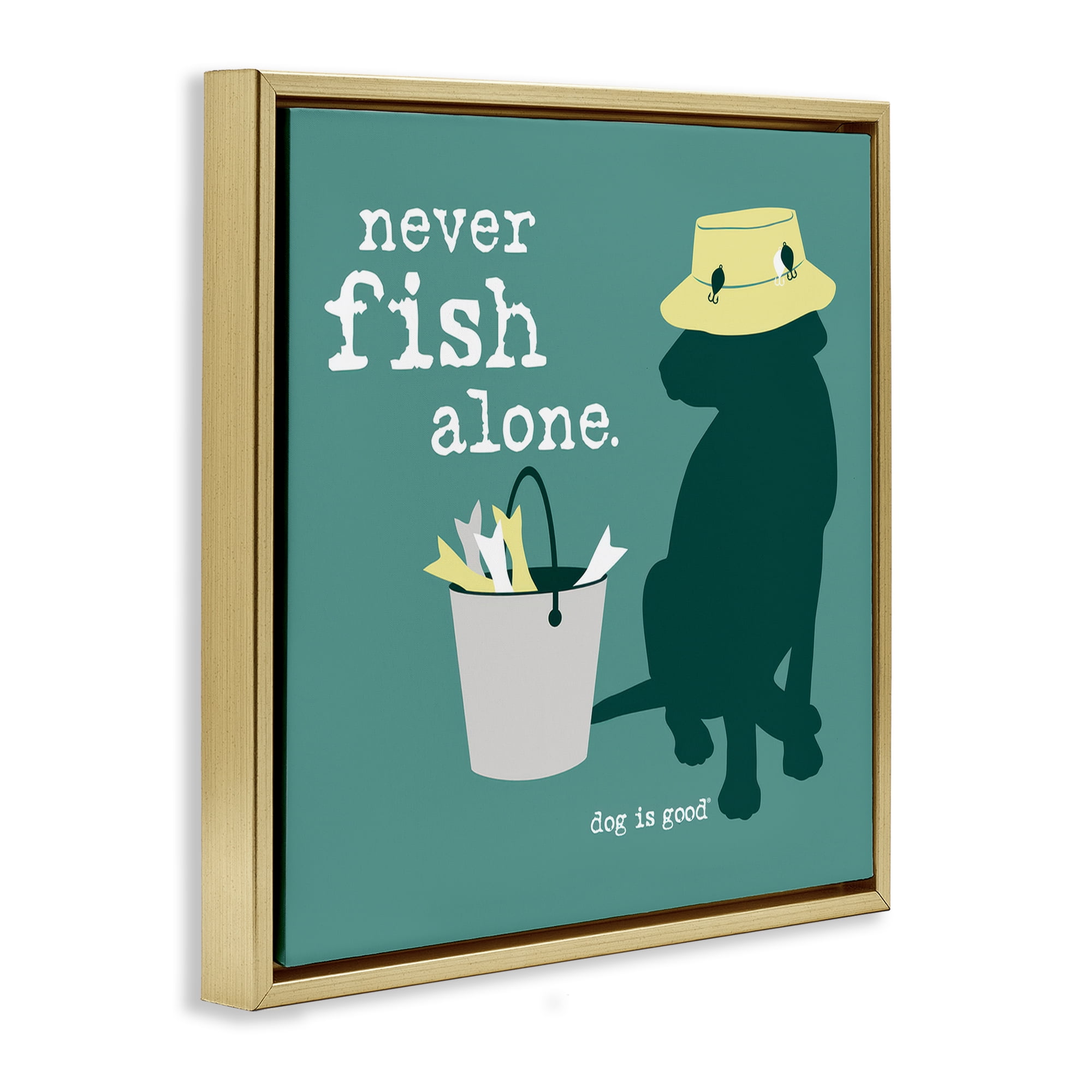 Stupell Industries Never Fish Alone Dog Animals Painting Gold Floater Framed Canvas Art Print Wall Art, 25 x 25