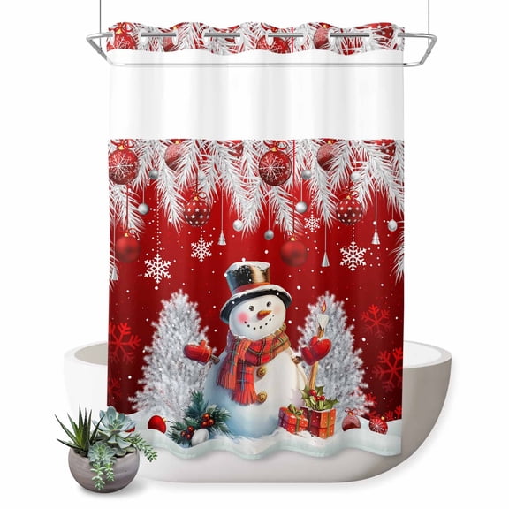 No Hook Shower Curtain with Built-in Rings - Red Christmas Snowman Washable Waterproof Fabric Bathroom Curtains for Hotel,Rentals, 72X 96 Inch Extra Long , Xmas Balls Snowflakes Pine Branch