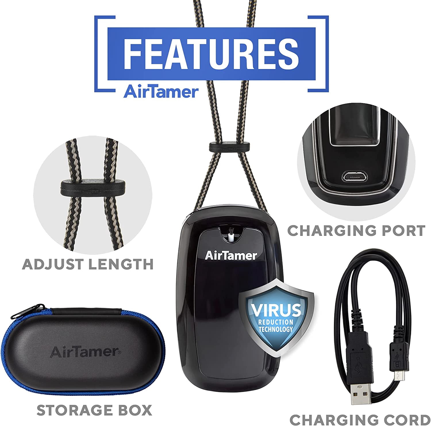 AirTamer A315 Rechargeable Personal Air Purifier with Ionic Technology, Portable Wearable Air Cleaner, Black with Leather Travel Case