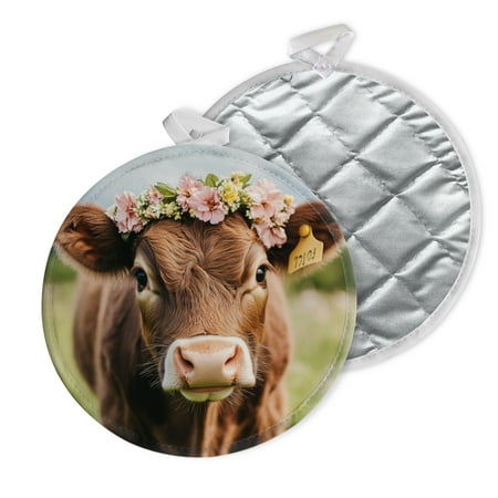 

2 PCS Pot Holders for Kitchen Potholders Sets with Hook for Oven Cooking Baking Adorable Cow With Floral Crown