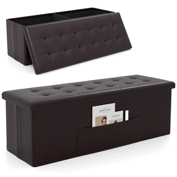 Costway 43 Inches Folding Storage Ottoman Bench with Side Pocket Storage Chest Brown