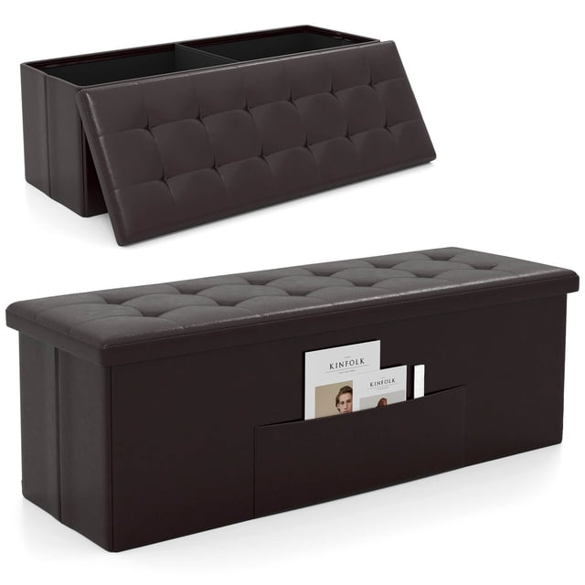 Costway 43 Inches Folding Storage Ottoman Bench with Side Pocket Storage Chest Brown
