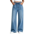 thumbnail image 3 of Women's Wide Leg Denim Jeans, Drawstring Elastic Waist, Side Hand Pockets, Soft Light‑wash Denim for Daily Weekend Going‑out Scenarios, Wide Leg Jeans Light Blue L, 3 of 6