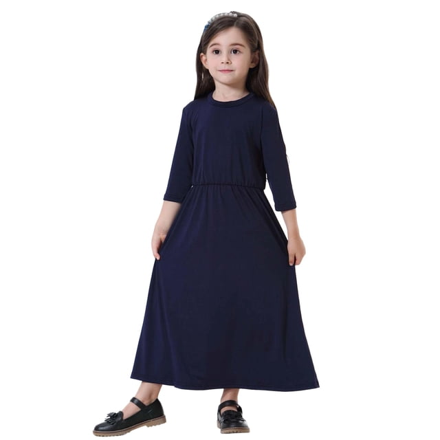 Rhuody Robe d'Été pour Filles Robe Maxi à Manches Longues Couleur Unie Col Rond Robe Soleil Tenue Décontractée Bleu 6-7 Ans