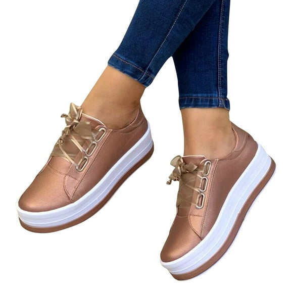 Kukoosong Platform Sneakers for Women Fashion Round Toe Thick Heels Walking Running Shoes Women Plus Size Lace-up Casual Lightweight Spring and Fall Sneakers Rose Gold 8.5
