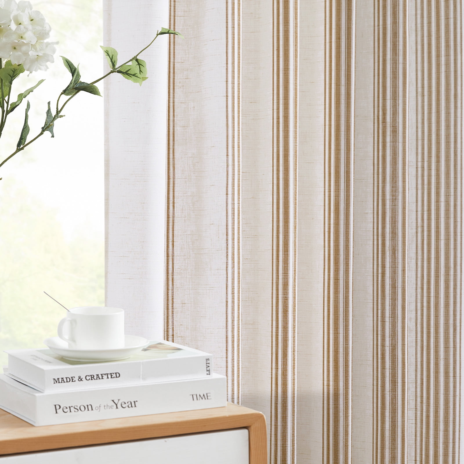 Curtainking Striped Linen Curtains 63 Inch Taupe Farmhouse Rustic Curtains for Living Room Semi Sheer Back Tab Light Filtering Coastal Drapes for Bedroom Window Curtain 2 Panels