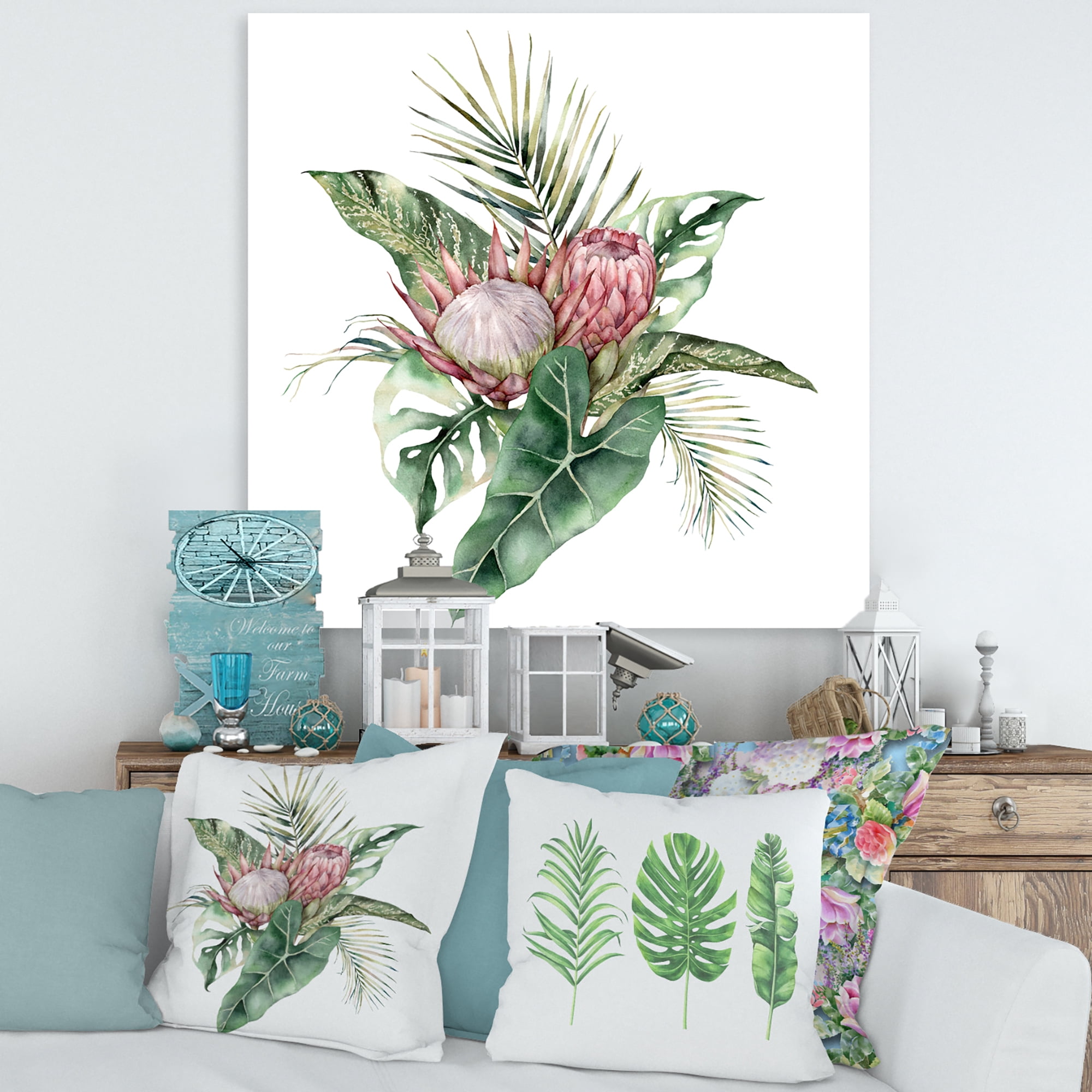 Designart ' Queen Proteas Palm & Monstera Leaves ' Traditional Canvas Wall Art Print