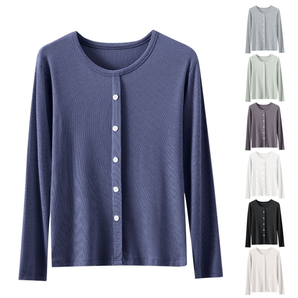 Tops para salir,Camiseta de manga larga con cuello redondo para mujer, capa base informal de color liso, tela de poliéster, uso diario, sopatenor