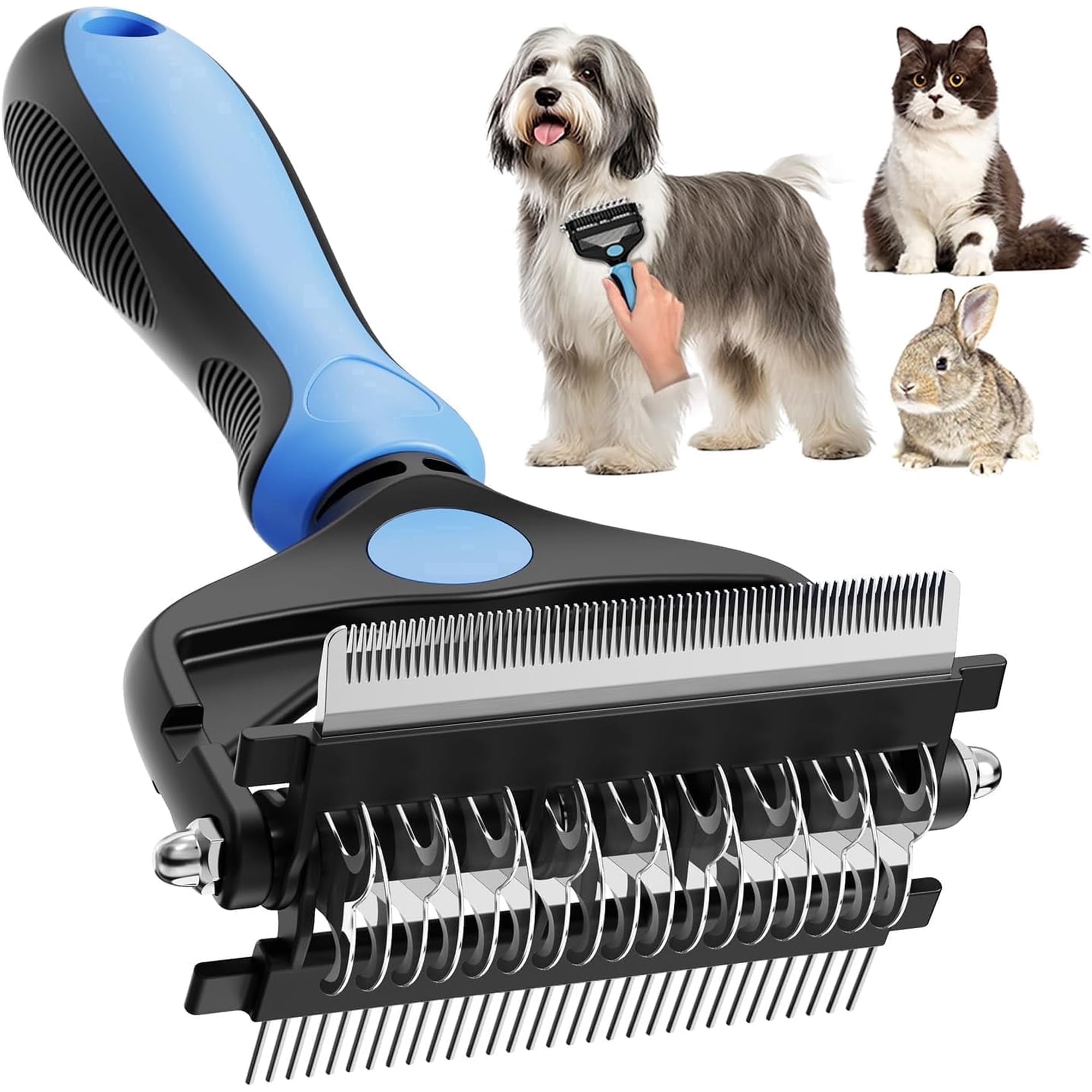 3-in-1 Pet Grooming Brush for Dogs & Cats, Professional Deshedding Tool & Undercoat Rake Dematting Comb for Long Short Haired Pets, Reduces Shedding & Removes Matted Fur, Blue