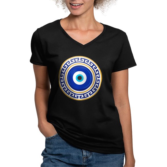 CafePress - Greek Mati Evil Eye 4 Women's V Neck T Shirt - Women's V-Neck Dark T-Shirt