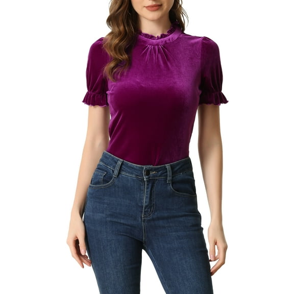 INSPIRE CHIC Ruffle Collar Shirt for Women's Short Sleeve Velvet Tops Blouse XS Purple