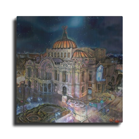 Luxe Metal Art 'Mexico City Palace of Fine Arts at night' by Pedro Gavidia, Metal Wall Art, 24"x24"