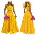 thumbnail image 3 of Conjunto de 2 Piezas para Mujer: Top Corto con Tirantes Finos y Falda Larga con Volantes y Cintura Fruncida Amarillo S, 3 of 6