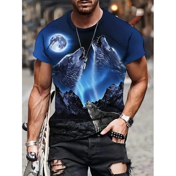 T Shirt Blue Moon Wolf Graphic Print Fashion Novelty Men Tee Short Sleeve Casual