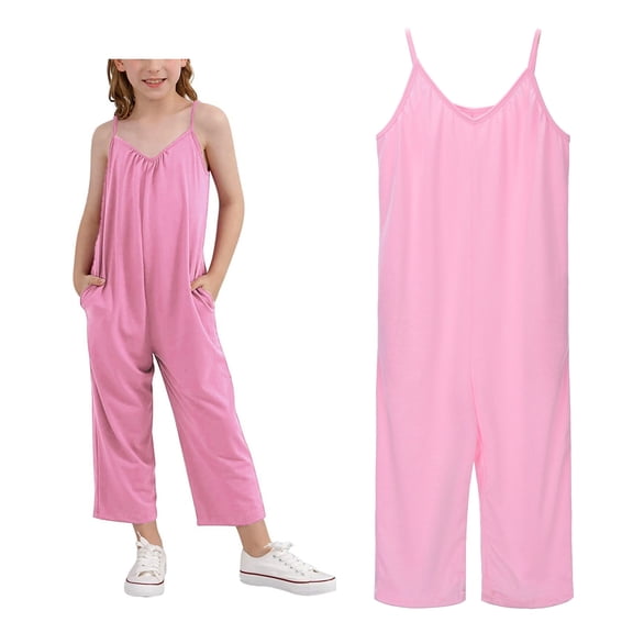 Girls Tween Jumpsuit Spaghetti Strap Sleeveless Loose Overalls Pants with Pockets Girls Back To School Clothes 12-13 Years