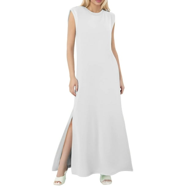 Vestido largo informal sin mangas con abertura para mujer: vestido camisero holgado con bolsillos laterales, perfecto para vacaciones/viajes, tejido ligero, tallas S-XXL