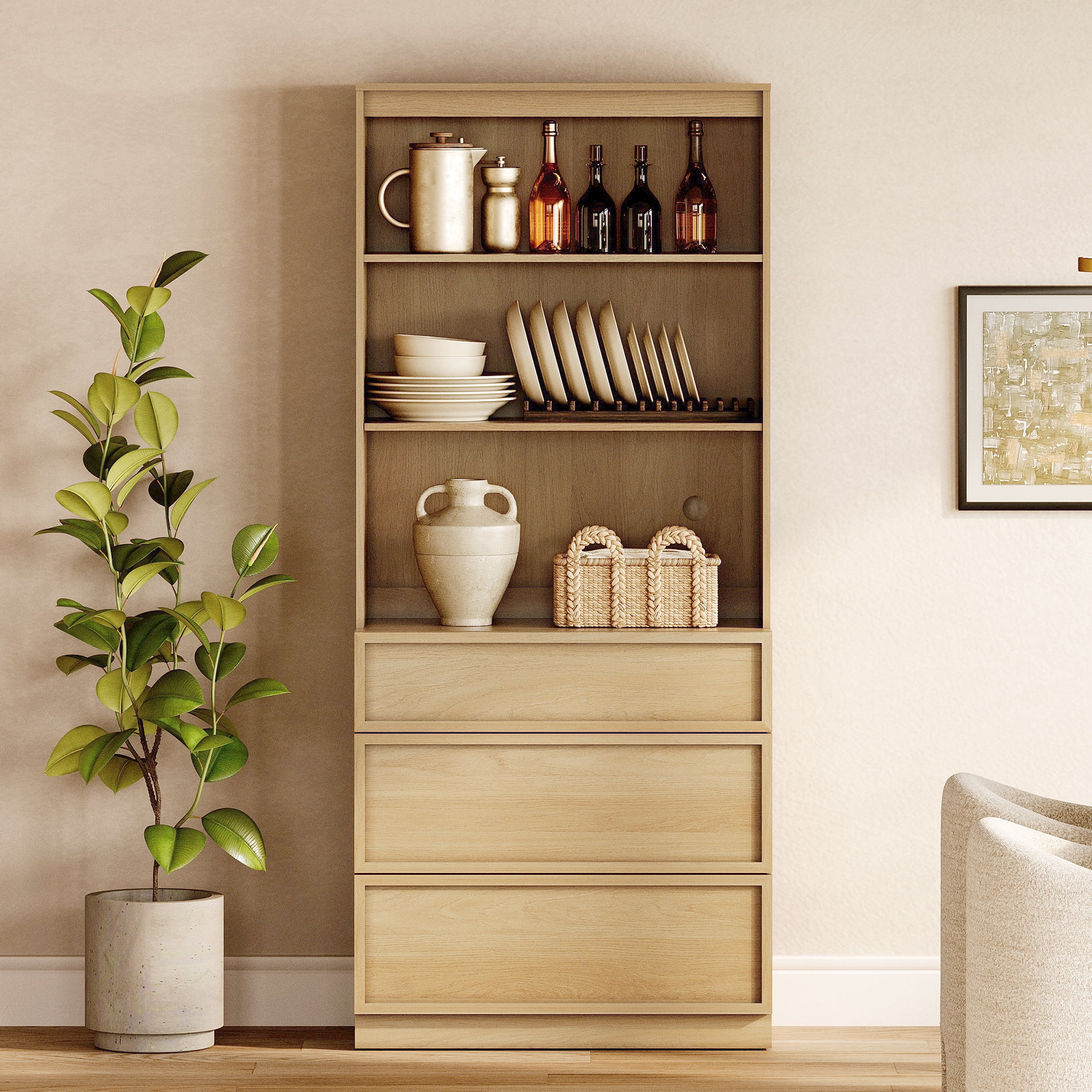 Modern 72" Tall 31.5" Wide Wood Sideboard Buffet with 3 Drawers & Open Shelves for Dining Kitchen,Oak