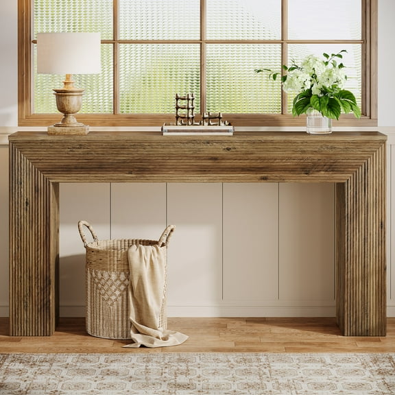 Finmind 63-Inch Fluted Console Table, Rustic Long Sofa Table Behind Couch for Entryway, Living Room, Hallway, Foyer, Brown