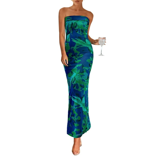 Vestido largo PRETTYGARDEN para mujer, ajustado sin tirantes, verde y floral