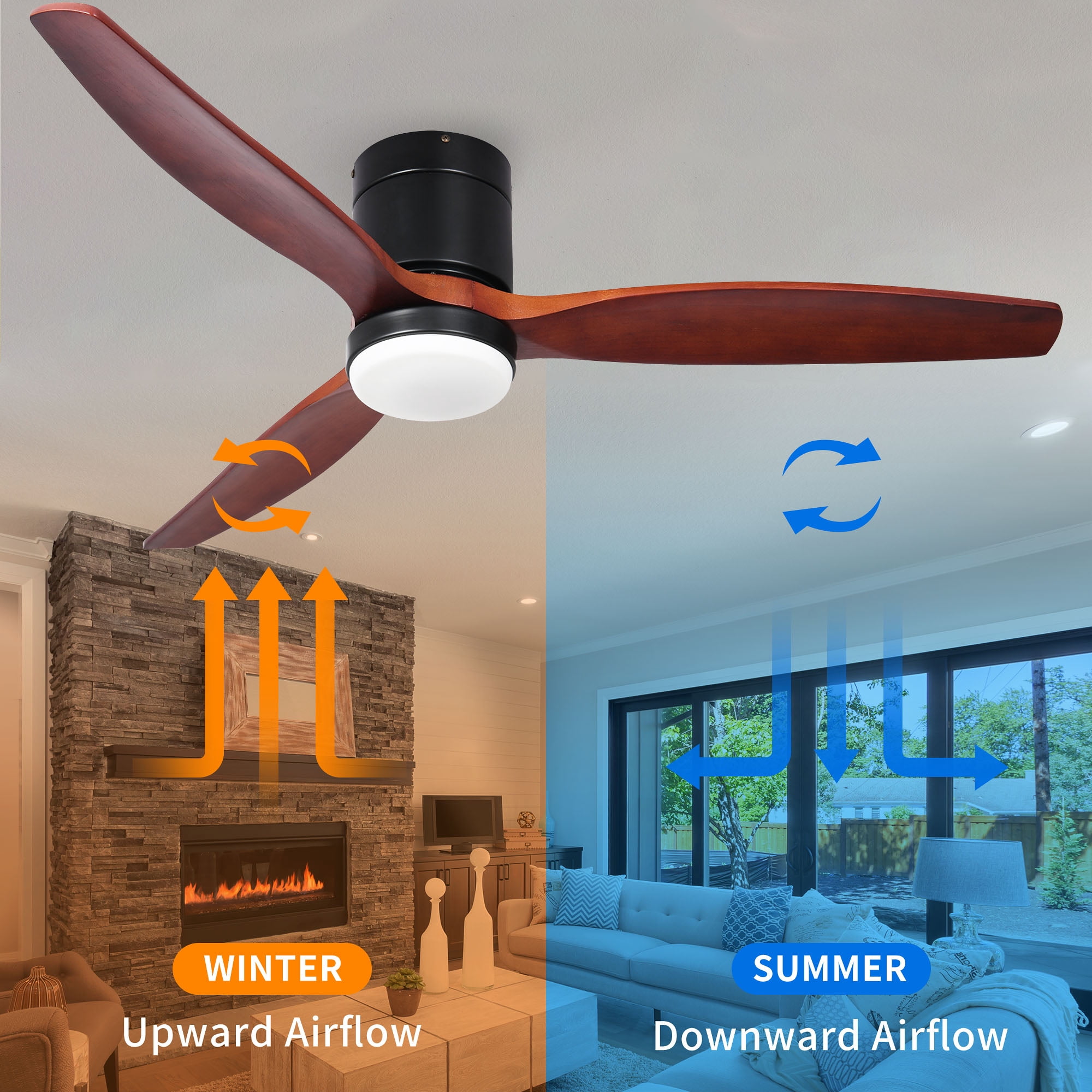 Dextrus 52 Inch Ceiling Fan with Light and Remote, Wall Control Flush Mount Fan Light with 6 Speed, 3 Blades,Reversible Airflow - Black & Walnut
