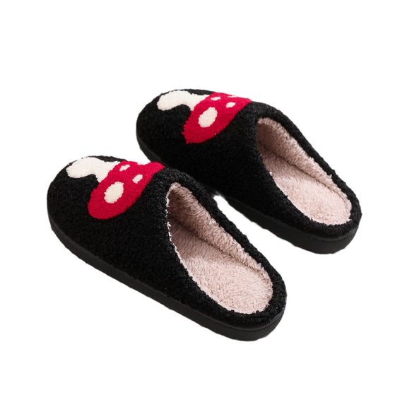 Black Plush Mushroom Pattern House Slippers For Couples With Thick Sole Warm And Soft For Winter Wear