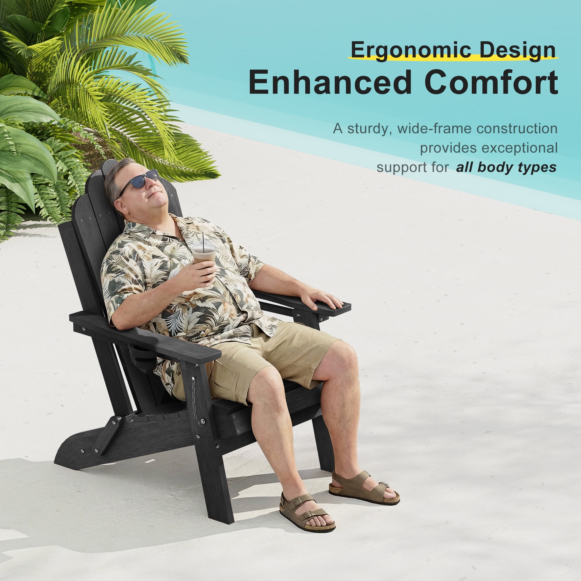 ACEGOSES Foldable Outdoor Adirondack Chair Set of 2 with Cup Holder,Weather Resistant HDPE Plastic for Patio, Fire Pit, Deck, Black