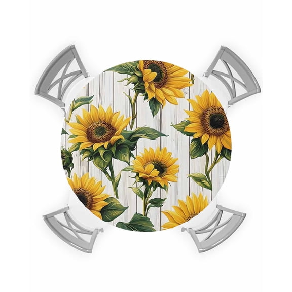 nqOlkjepod Summer Sunflowers Round Tablecloth, Fitted Table Cover with Elastic for 36"-44" Round Tables, Farmhouse Watercolor Floral Wooden Table Cloth Outdoor Dinning Party Waterproof Tablecloths