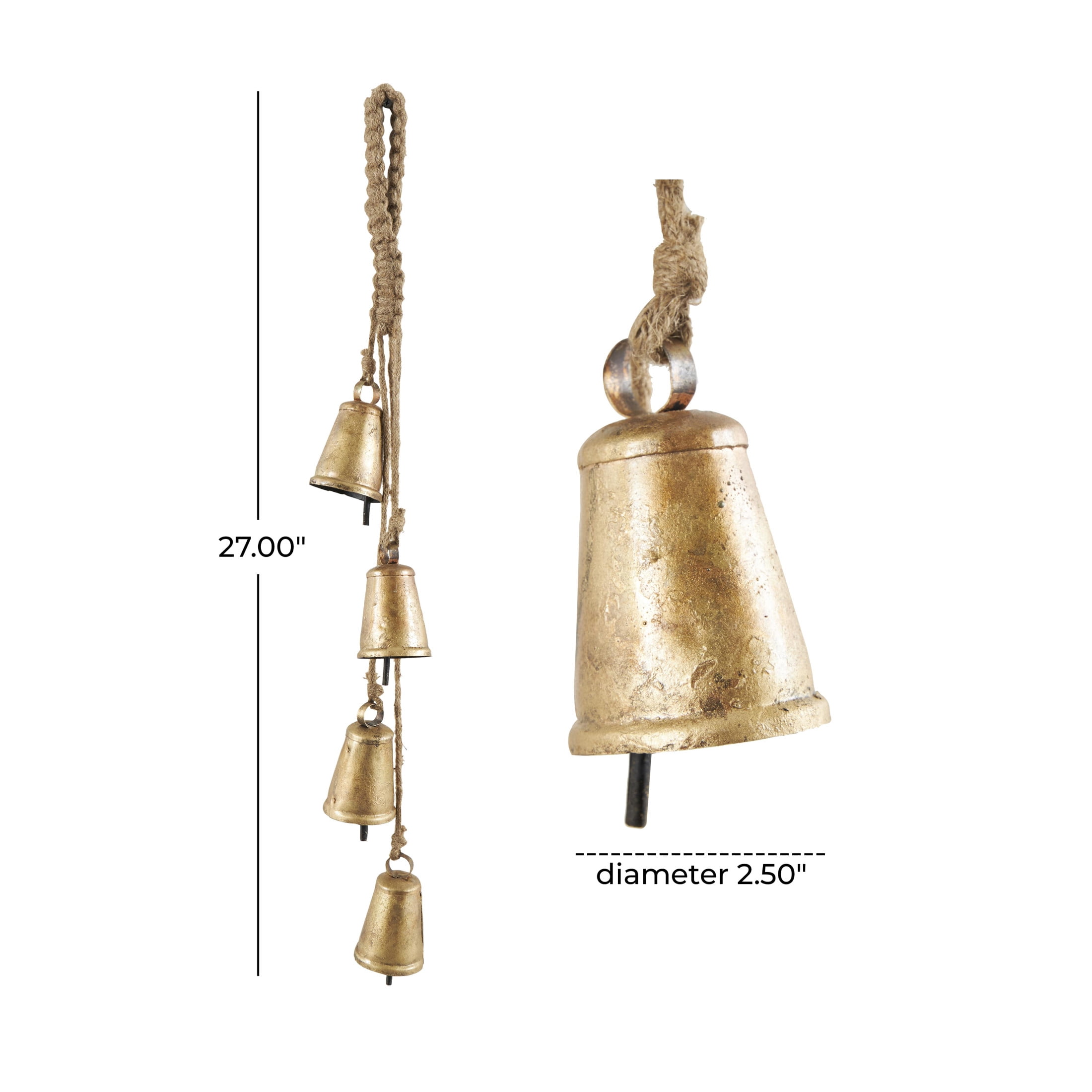 DecMode Tibetan Inspired Cascading Gold Metal Conical Decorative Cow Bells with 4 Bells on Jute Hanging Rope