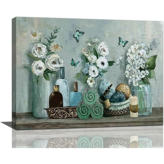 Flowers Bathroom Wall Art Farmhouse Floral in Mason Vase Bathroom Pictures Wall Decor Teal Bathroom Canvas Painting Prints Rustic Butterfly Country Artwork for Bathroom Laundry Room 12"x16"