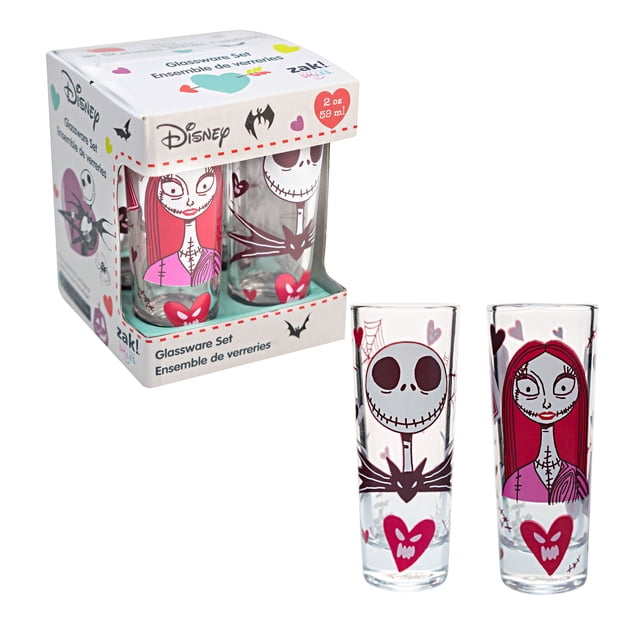 Juego de 4 Tequileros de Vidrio, Diseño Jack y Sally, Colección San Valentín, Set de Shots o Caballitos, Con Caja de Regalo, Capacidad de 59 ml