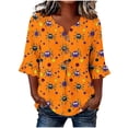 thumbnail image 2 of Hvogkswy Halloween Shirts for Women Button Print 3/4 Sleeve Henley Shirts Loose Comfy Holiday Party Casual Shirt, Gifts for Women, 2 of 7