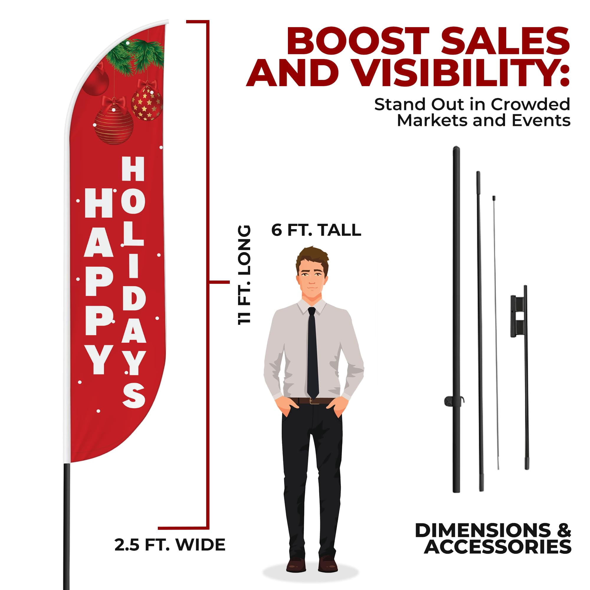 Happy Holidays Feather flag Pole Mountfor Outdoor by DreamController | 15 FEET Long Polyester Outdoor Banner Flag Pole Kit for Easy Hang | HD Print Swooper Flag Pole Stand for Happy Holidays| Made in