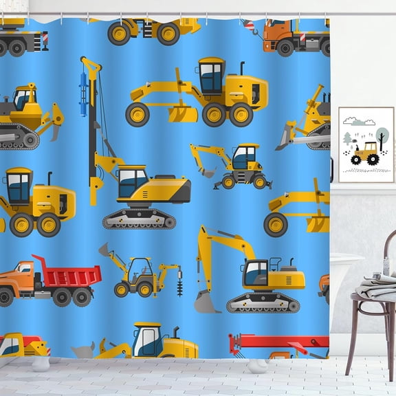 Kids Construction Truck Shower Curtain Excavator Vehicle Tractor Cars for Boys Bathroom Waterproof Polyester Fabric Bath Curtain with Hooks 54"W x 78"L (Pack of 1)