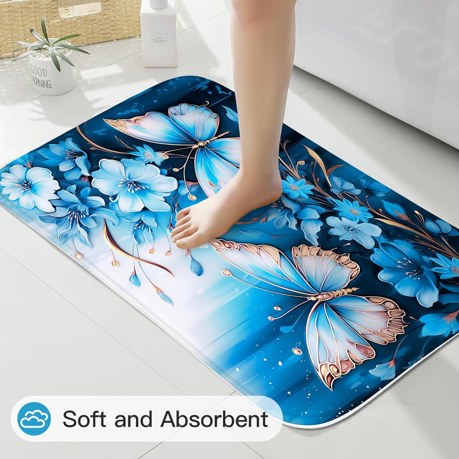 4 Pcs Navy Blue Floral Butterfly Shower Curtain Set with Non-Slip Rugs, Modern Toilet Lid Cover and Bath Mat, Elegant Bathroom Decor Set with Shower Curtain and Rugs(Hooks Not Included)