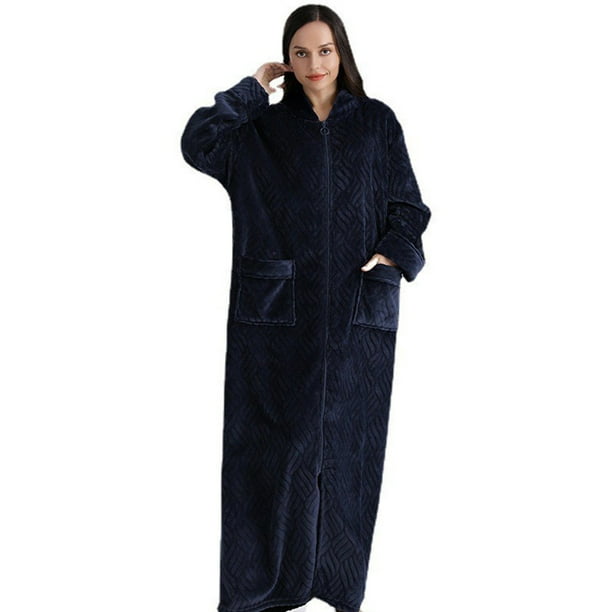 Women's Long Sleeve Robe Oversized Long Hooded Fleece Bathrobe Zipper