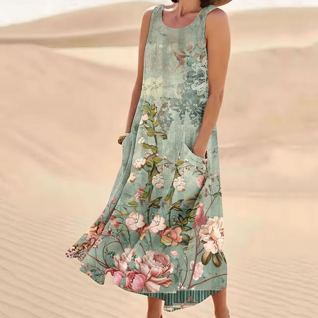 Qiopertar Nouvelle Robe Longue Sans Manches en Coton et Lin pour Femmes, Col Rond, Imprimée, en Solde, Livraison Gratuite, jusqu'à 90 % de Réduction