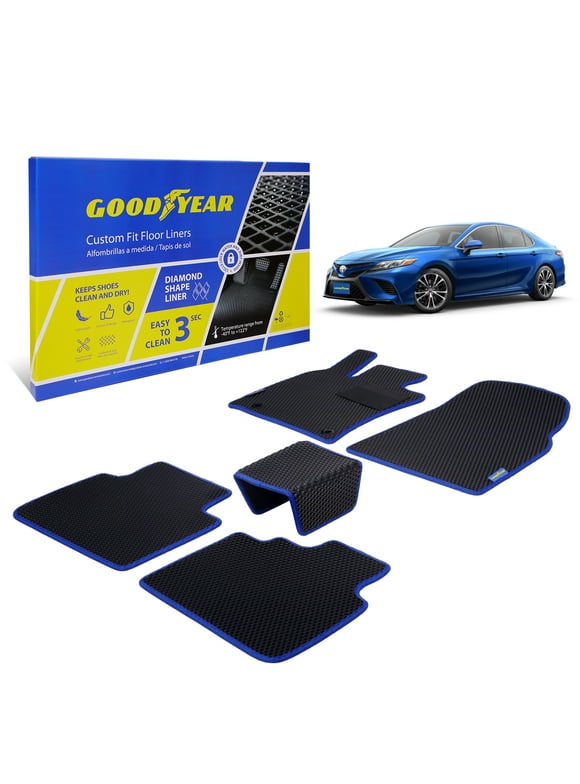 Goodyear Custom Fit Car Floor Liners for Toyota Camry 2018-2024, Black/Blue 5 Pc. Set, All-Weather Diamond Shape Liner Traps Dirt, Liquid, Rain and Dust, Precision Interior Coverage - GY004112