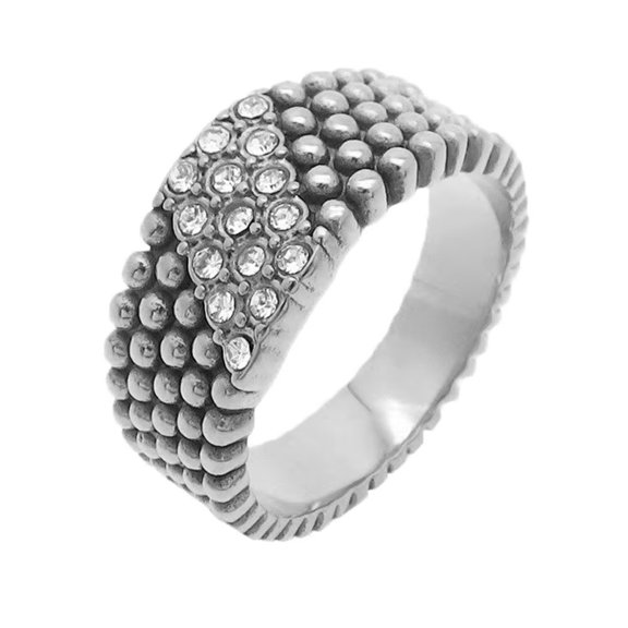 HIJONES Women Men's 5 Rows Diamond Ring Stainless Steel Bnad Ring for Couple Engagement Promise Comfort Fit Silver Size 9