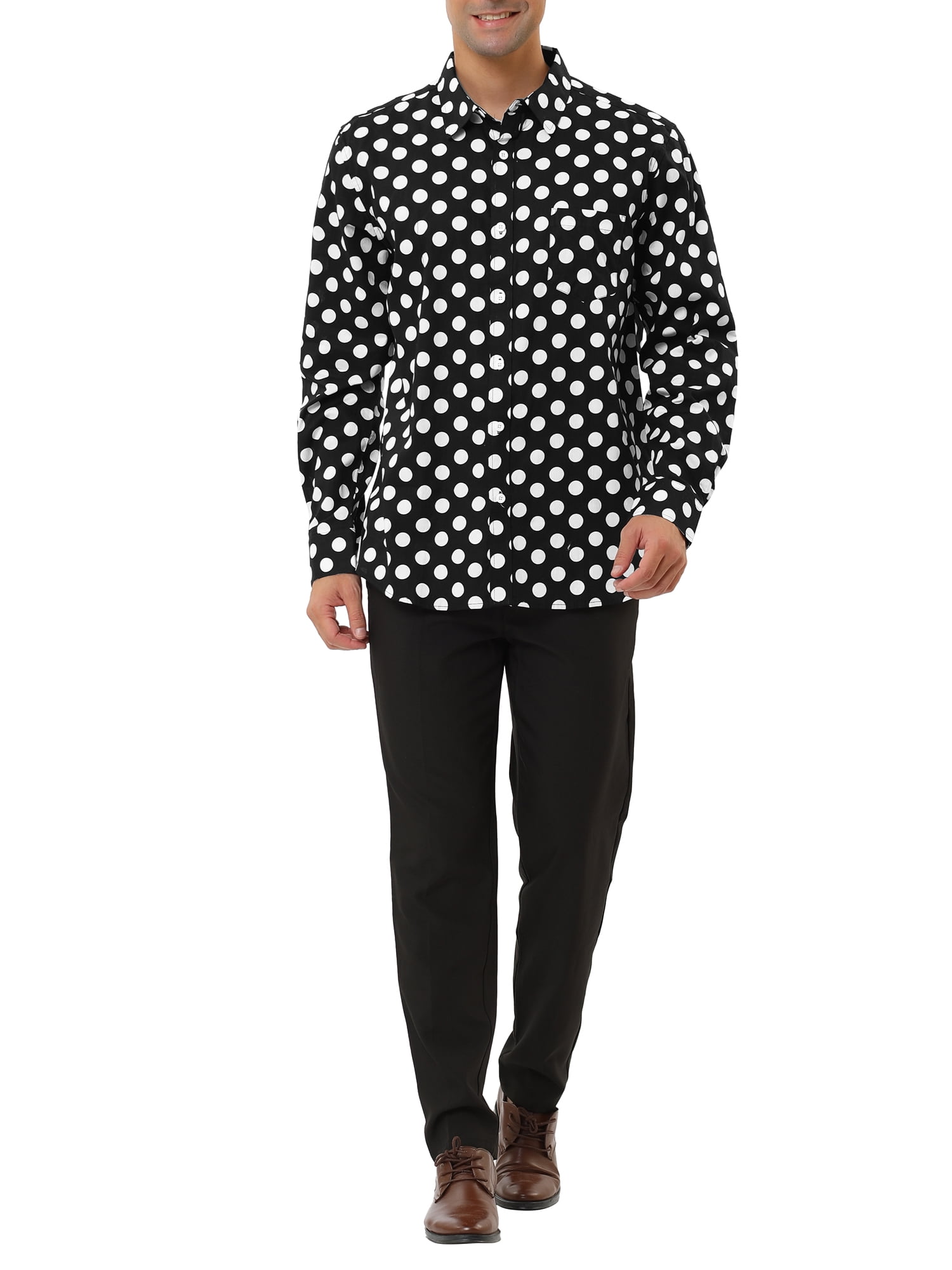 Unique Bargains Men's Long Sleeve Button Slim Polka Dots Shirt 34 Black White