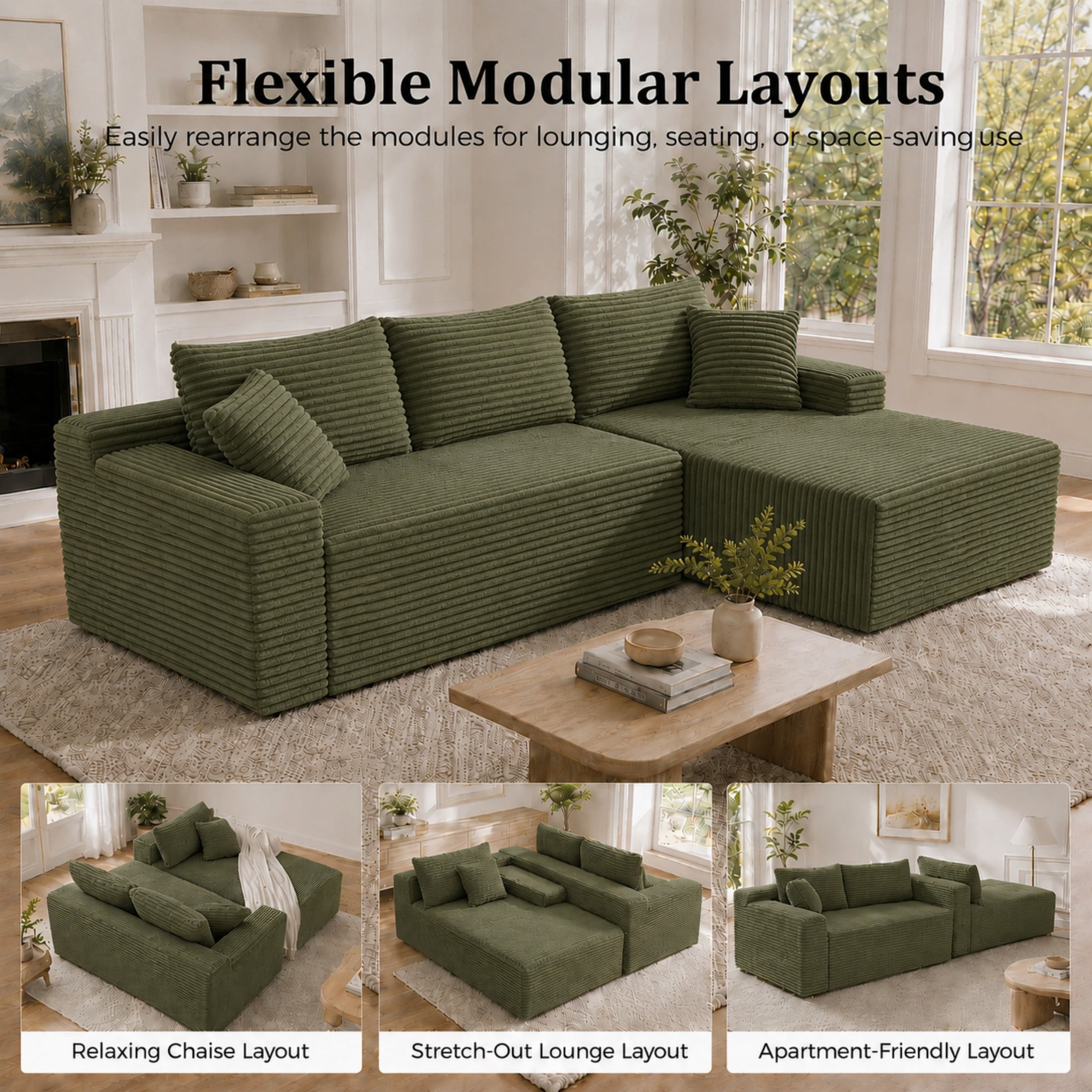 Aenkyo 106 Inch Corduroy L-Shaped Cloud Sectional Sofa with Reversible Chaise, Green