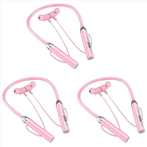 3X Auriculares Inalámbricos Bluetooth Tipo de Cuello Reducción de Ruido Estéreo Tarjeta de Conexión Universal Auriculares Deportivos Micrófono, Rosa