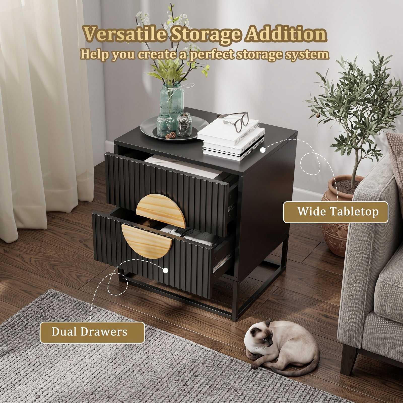 Furnibear Mid Century Fluted 2-Drawer Nightstand with Natural Pine Wood Handle and Metal Base for Bedroom, Black and Natural