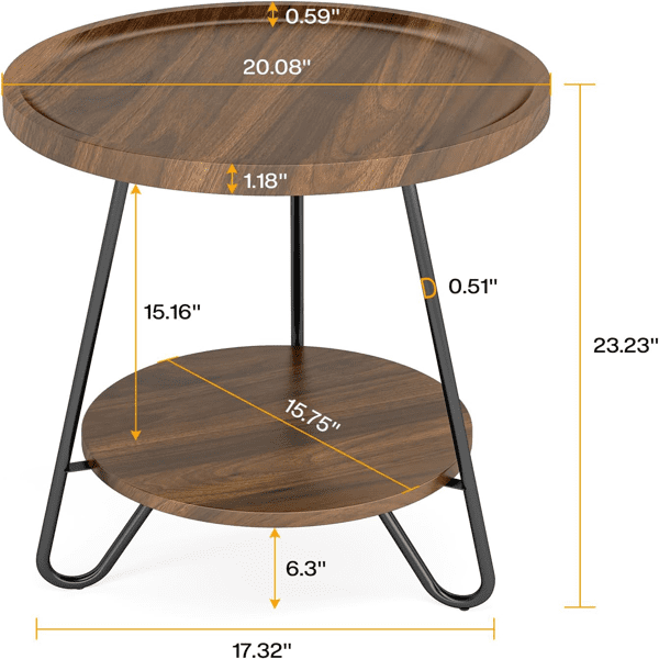 Round End Table with Lower Shelf, 20 inch Industrial Side Table for Living Room, Bedroom - Light & Dark Color Options, 70lbs Capacity