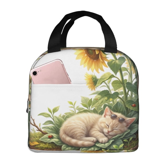 Cat Lunch Bag Reusable Insulated Lunch Box For Women Men Sunflower Cat Pattern Leakproof Thermal Meal Prep Tote With Front Pocket For Work Office Picnic
