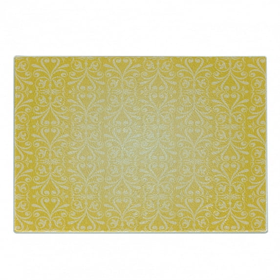 Yellow Cutting Board, Diagonal Swirling Ornate Victorian Damask Patterns on Retro Background Graphic Design, Decorative Tempered Glass Cutting and Serving Board, Small Size, Yellow, by Ambesonne