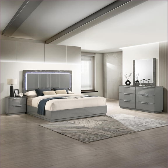 Bedroom Furniture Set Queen 4-Piece Modern Gray with LED Lighting | Standard Beds | Double Dressers